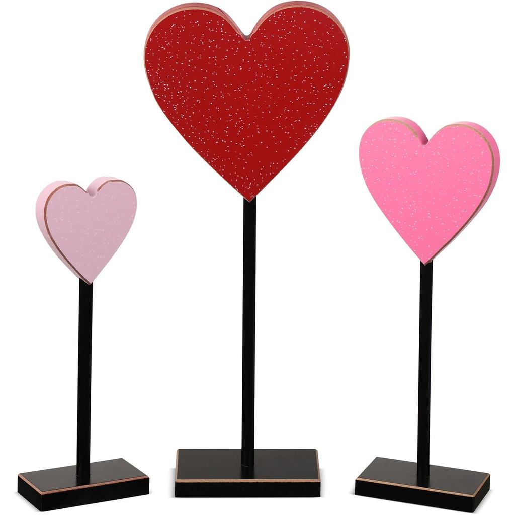 Panelee 3 ชิ้นวาเลนไทน์s วันหัวใจป้ายไม้ Love Heart Shape สูงยืนตารางป้ายวาเลนไทน์s วันไม้ตกแต่งสําห