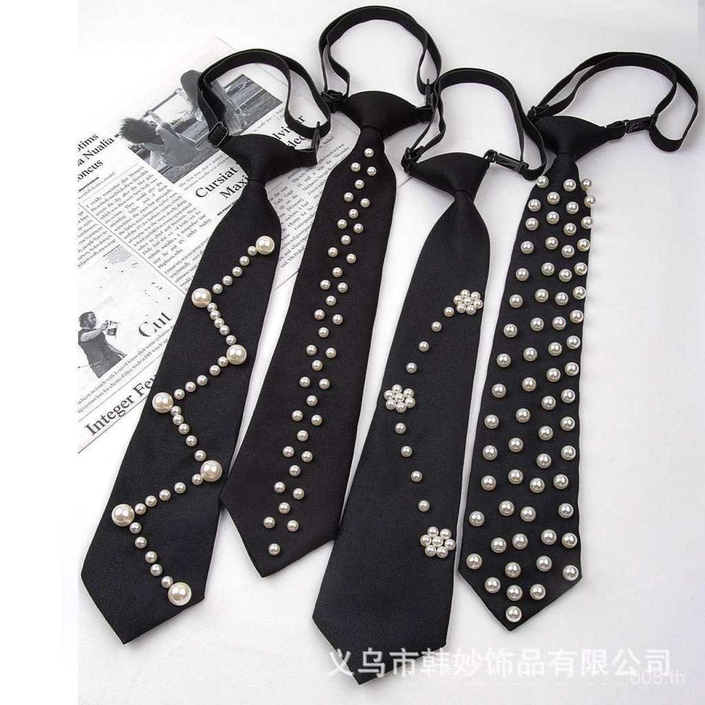 WLTQ Pearl ตกแต่ง Knot-Free Tie หญิง Preppy สไตล์แฟชั่น All-Match สีดํา Tie เครื่องประดับ