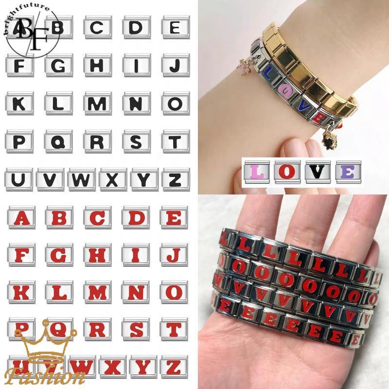 ตัวอักษรภาษาอังกฤษร้อนอิตาเลี่ยน Charm สร้อยข้อมือ Fit 9 มม.สร้อยข้อมือสแตนเลส DIY เครื่องประดับทําอุปกรณ์เสริม Retro บุคลิกภาพโมดูลสร้อยข้อมืออุปกรณ์เสริม
