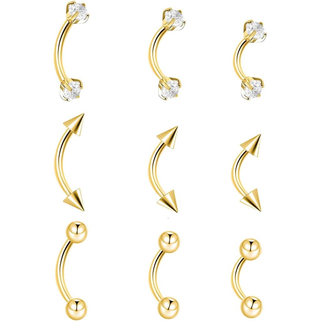 9PCS Gold Eyebrow เจาะเครื่องประดับไทเทเนียม, Rook เครื่องประดับทองเหล็กผ่าตัดเงินคิ้วแหวนผู้หญิงผู้