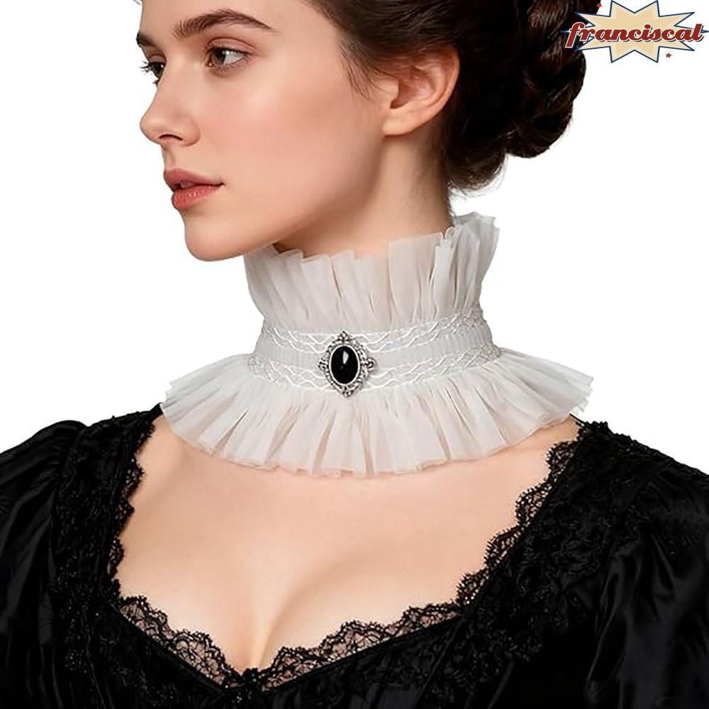 FRANCISCAL Gothic Collar, Ruffle สีดําสีขาวลูกไม้ Jabot Collar, คอเครื่องประดับอัญมณีตกแต่ง Victoria