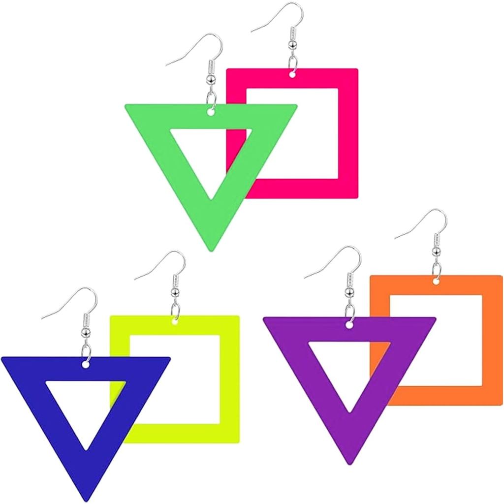 นีออนสามเหลี่ยม & ต่างหูสแควร์ 3 คู่ Dangle เครื่องประดับ Retro Rave Party 80s 90s อุปกรณ์เสริมสําหร
