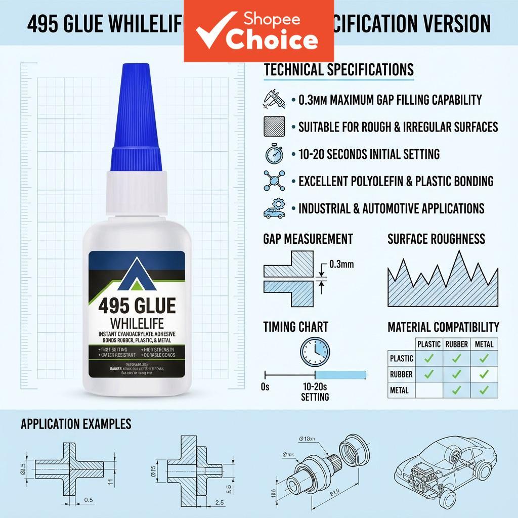WHILELIFE 495 กาวไซยาโนอะคริเลตแห้งเร็วแรงยึดสูง สําหรับพลาสติก ยาง และโลหะ อุดช่องว่างขนาด 0.3 มม. เหมาะสําหรับพื้นผิวขรุขระ ใช้ซ่อมรถยนต์และงานทางอุตสาหกรรม