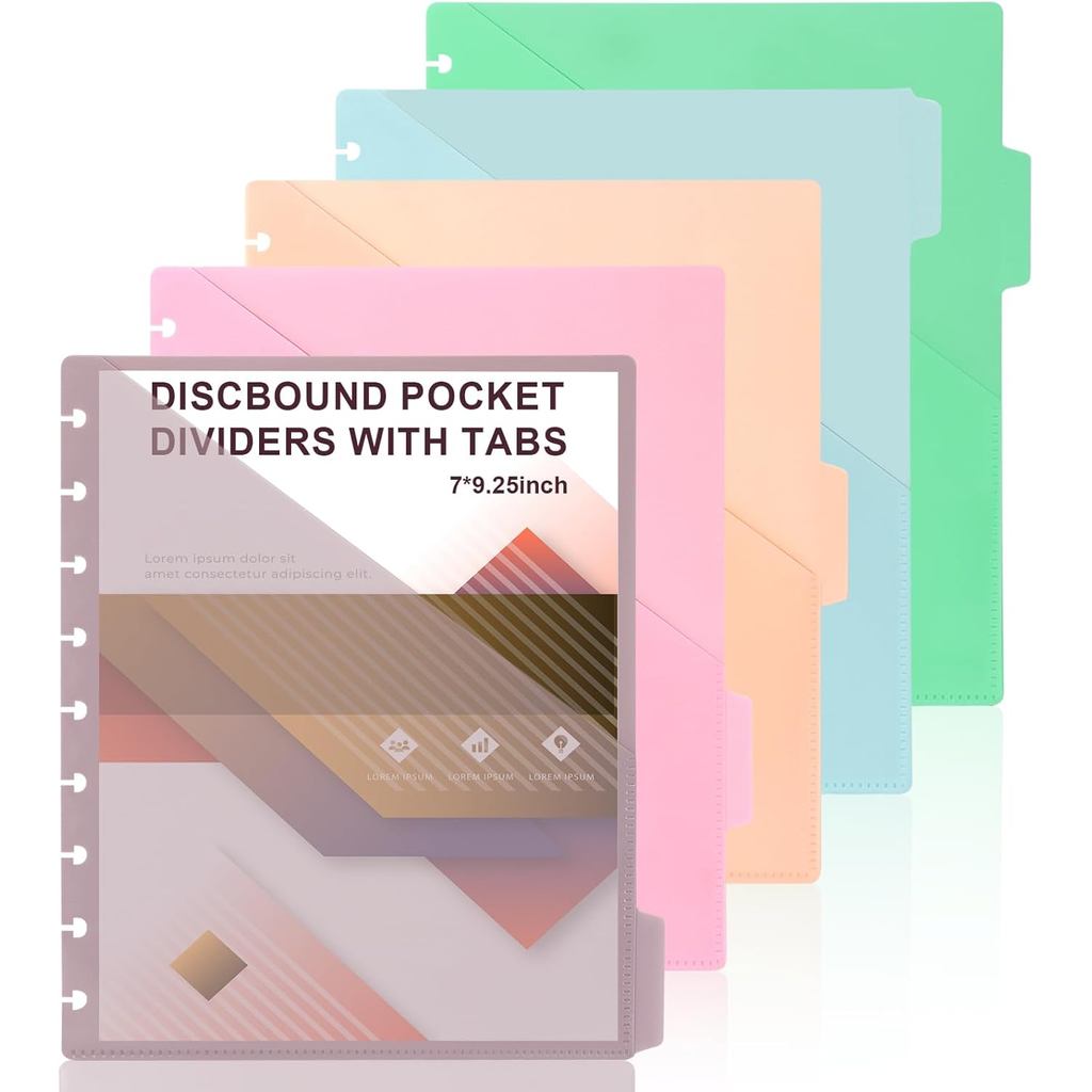 5 Tab 7 * 9.25 นิ้ว Discbound Pocket Dividers พร้อมแท็บ Planner กระเป๋าแทรกแผ่นโน๊ตบุ๊คอุปกรณ์เสริม 