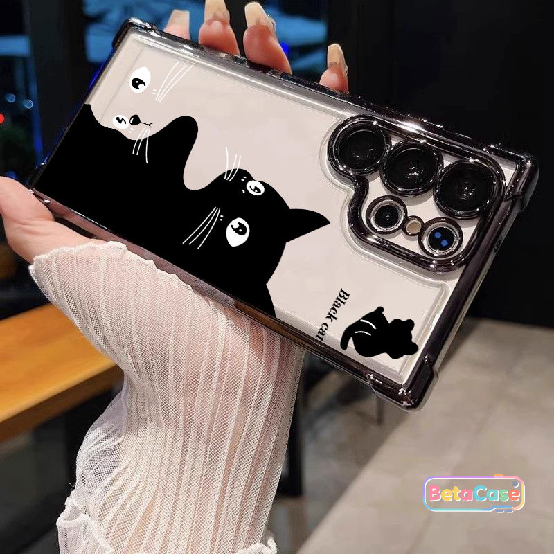 สำหรับ Samsung S25U,S24U,S23,S23U,S22,S22U,S21U,S20,S20FE เคสซัมซุง แมวสีขาวดำน่ารัก ชุบสี่มุม กันตก