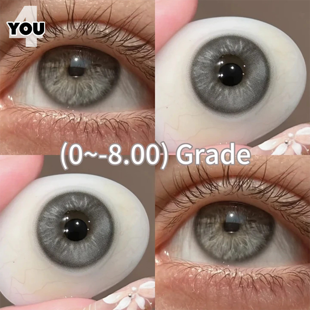 2 ชิ้น COD และของขวัญฟรี Graded (0 ~-8.00) คอนแทคเลนส์สีเทา 1 ปีสไตล์ตะวันตกพร้อมเคส 14.2 มม.