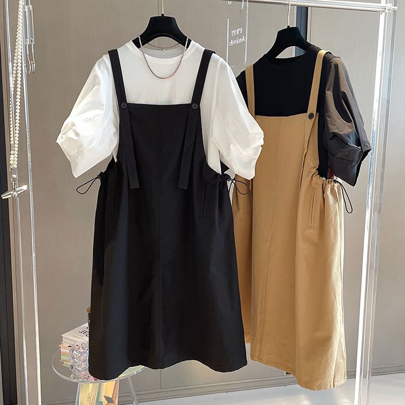 ชุดแฟชั่นผู้หญิง สายรัดกระโปรงและเสื้อยืดแขนเสื้อยืด ลดอายุ
