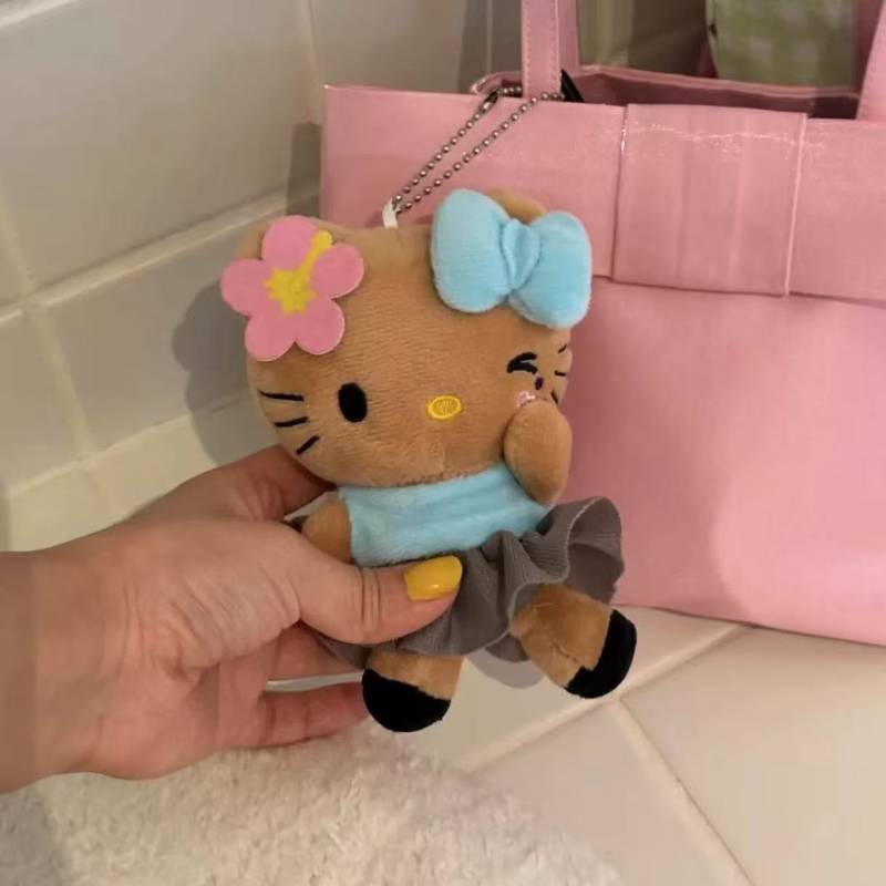 INS Cute Black Leather Hawaiian Kitty Grass Skirt Vacation Style Doll Schoolbag Handbag Pendant oKyX