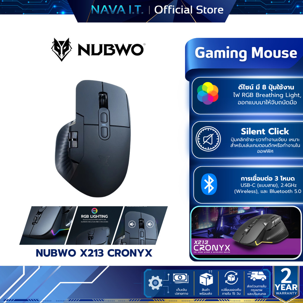 Nubwo Gaming Mouse เม้าส์เกมมิ่งรุ่น X213 CRONYX Tri-Mode 2.4GHz Wireless/Bluetooth 5.0/USB Type-C