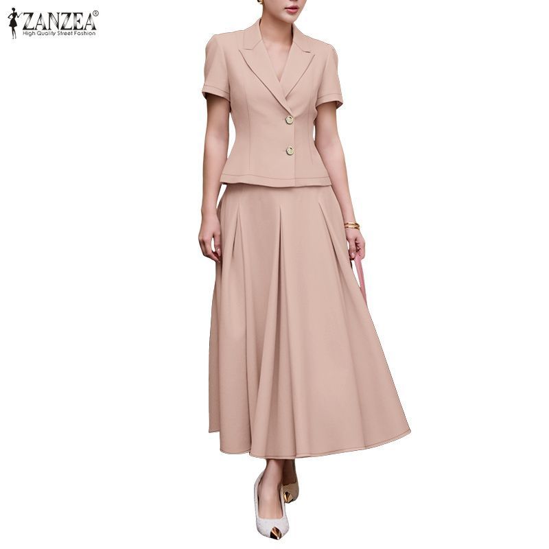 ZANZEA ชุดทำงานสำหรับผู้หญิงสไตล์เกาหลี ดีไซน์ notch lapel แขนสั้น แบบซิปเดียว pleats ทรง A-line — صورة 6