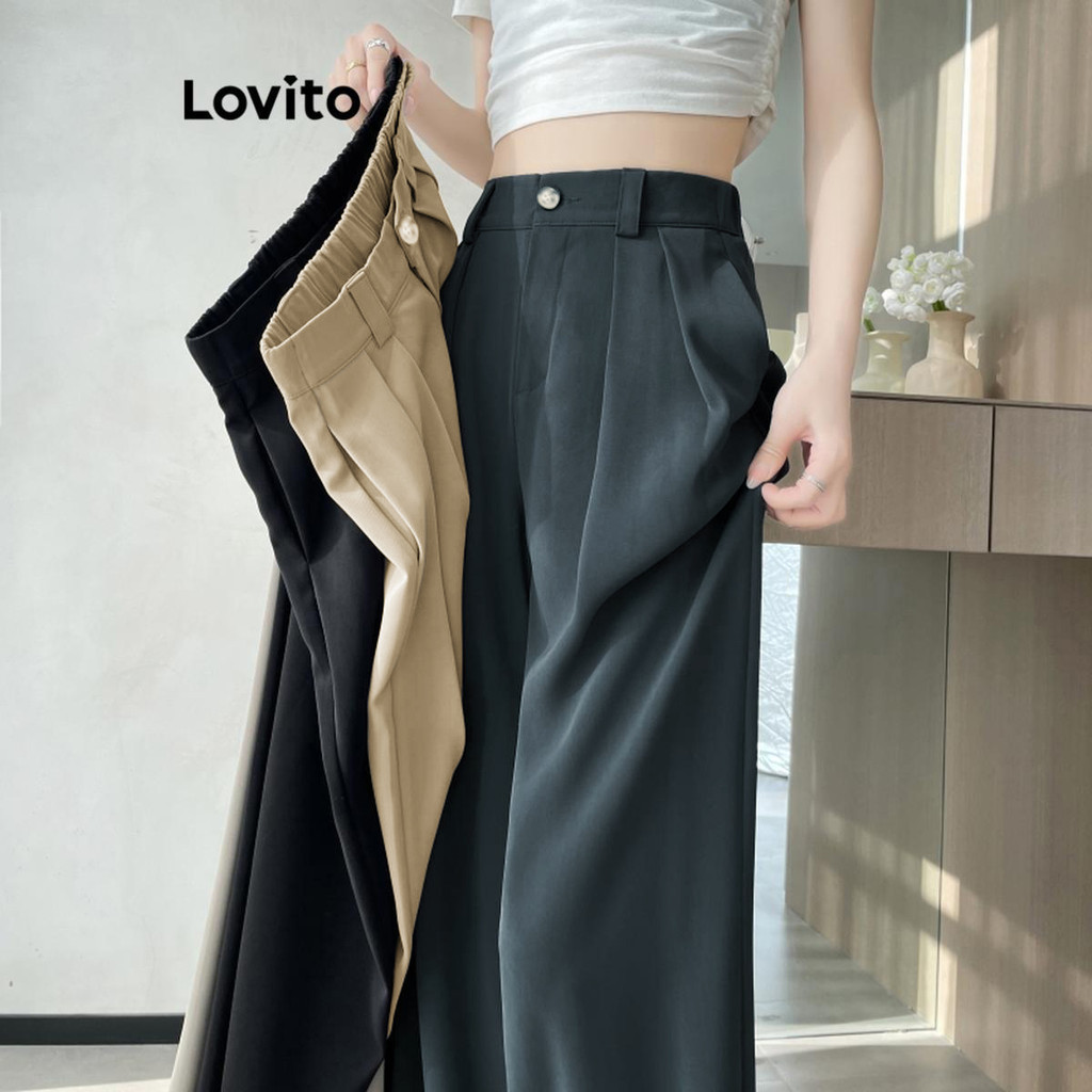 Lovito กางเกงลําลอง กางเกงซิปปุ่มธรรมดาสําหรับผู้หญิง LNE51064