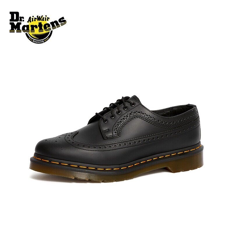 Dr. Martens 3989 YS English Yellow Line Glossy Leather Black Men's and Women's Brogues Single Shoes 