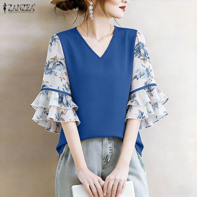ZANZEA สไตล์เกาหลี ผ้าพิมพ์ลาย꽃 คอวีแขนระบาย สีบล็อกสำหรับสาวๆ — صورة 4