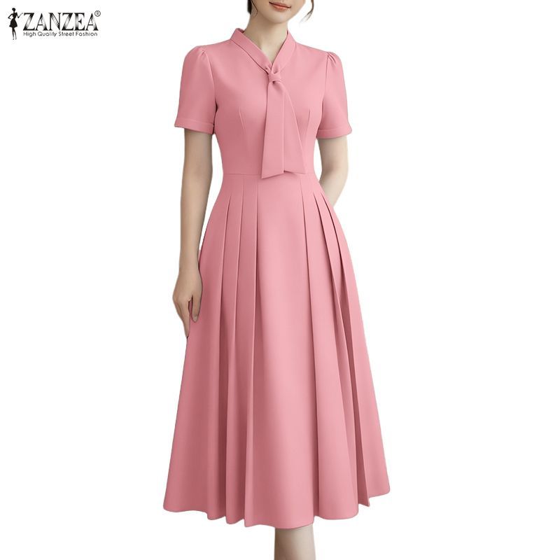 ZANZEA ผู้หญิงเกาหลี Elegant Office OL Tie-Up Collar แขนสั้น Pleats Hem Midi A-Line เดรสสายเดี่ยว