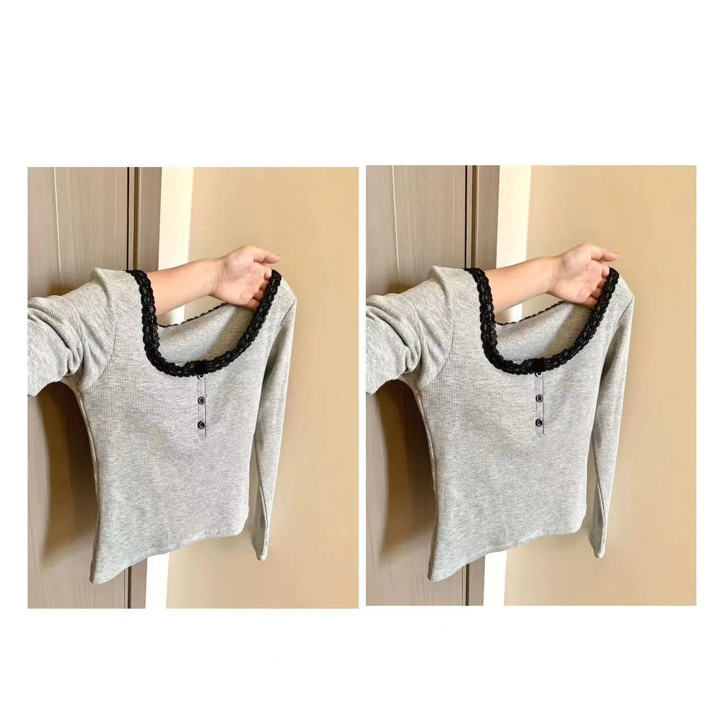 W ฤดูหนาวชุดชั้นในหน้าอก Pad ลูกไม้รอบคอ Pure Desire เสื้อยืดสีขาว Slim-fit แขนยาว Slimmer ดู Bottom