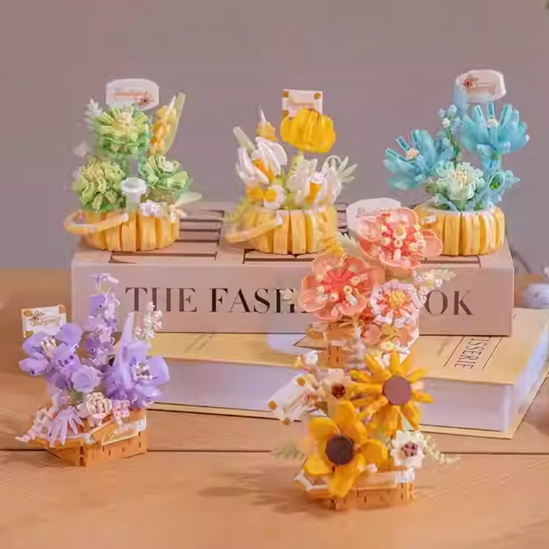 ดอกไม้บล็อกตัวต่อ ดอกทานตะวัน ดอกกุหลาบ ชุดตะกร้าดอกไม้ ดอกไม้ที่ไม่เคยเหี่ยวเฉา ของขวัญวันวาเลนไทน์ คริสต์มาส - รูปที่ 5