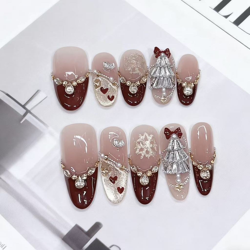 Daiyueda Hand-Weared Nails C013 Hand-Painted French Love Christmas Style Temperament Nails Patch 1.7