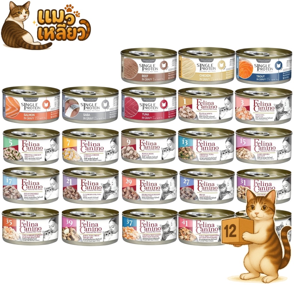 ( ครึ่งลัง 12 กระป๋อง ) Felina Canino Single Protein เปียกแมว เนื้อเน้นๆ ไม่เติมเกลือ แมวอายุ 2 M+