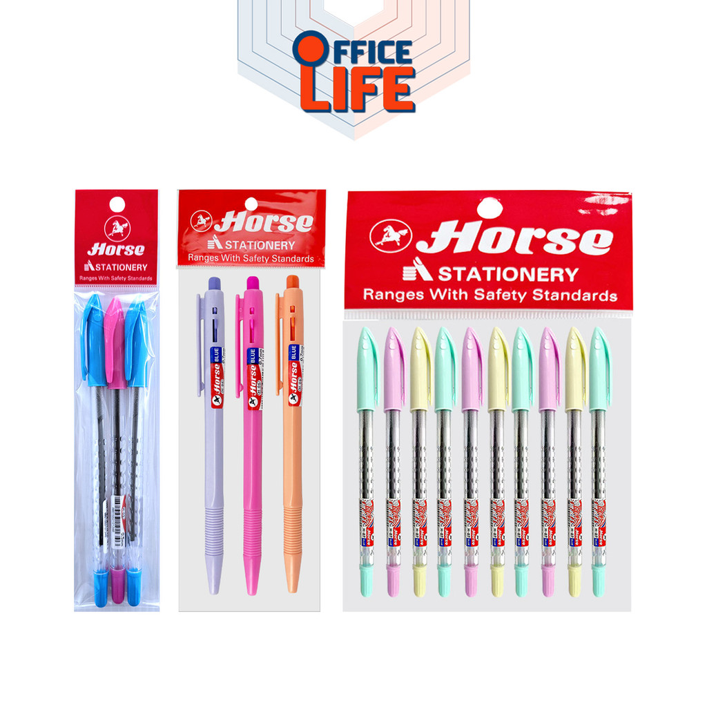 Horse (ตราม้า) ปากกาลูกลื่น ปากกา รุ่น H-05 / H-06 / H-07 (แพ็ค 3 ด้าม / คละสี)