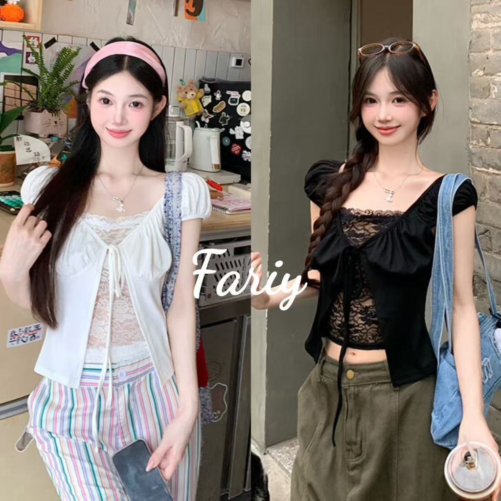 Fariy🍒คลังสินค้าพร้อม🍒 เสื้อครอปสองชิ้นสไตล์เกาหลีประดับลูกไม้ ดีไซน์ใหม่ไม่ซ้ำใคร บริสุทธิ์และเย้ายวน เสื้อครอปสั้นผูกเอวสุดชิคสำหรับผู้หญิง