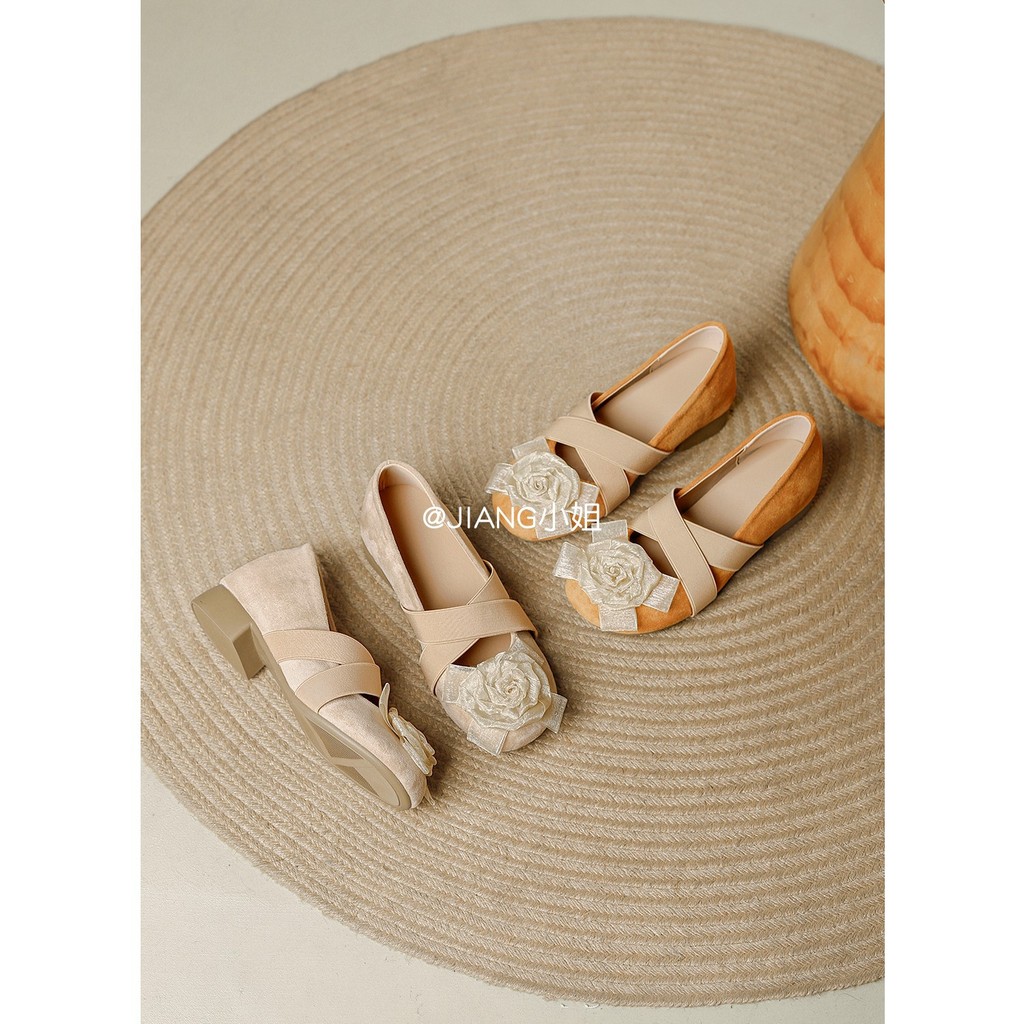 Camellia Cross Strap Ballet Block Heel Mary Jane Shoes ผู้หญิง