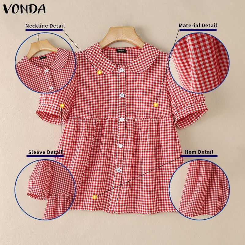 VONDA قميص نسائي كوري كاروهات بياقة دمية — صورة 7
