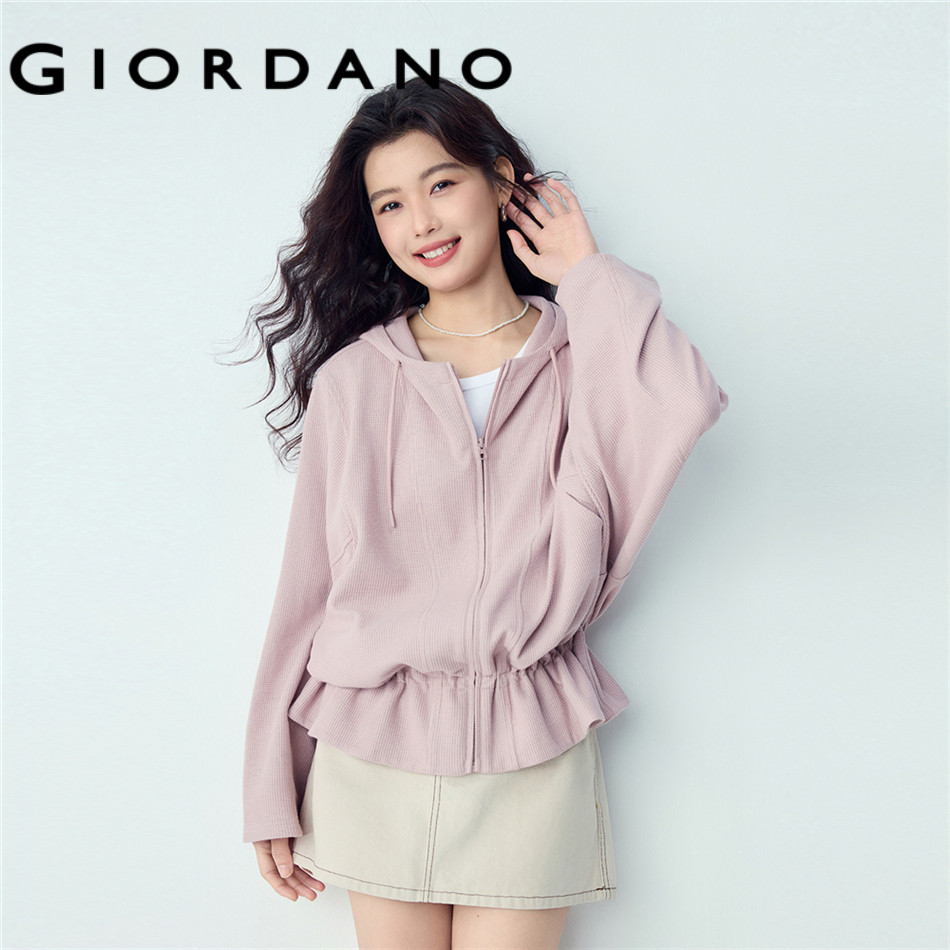 GIORDANO WOMEN Waffle ruffle hem loose hooded jacket 13376206