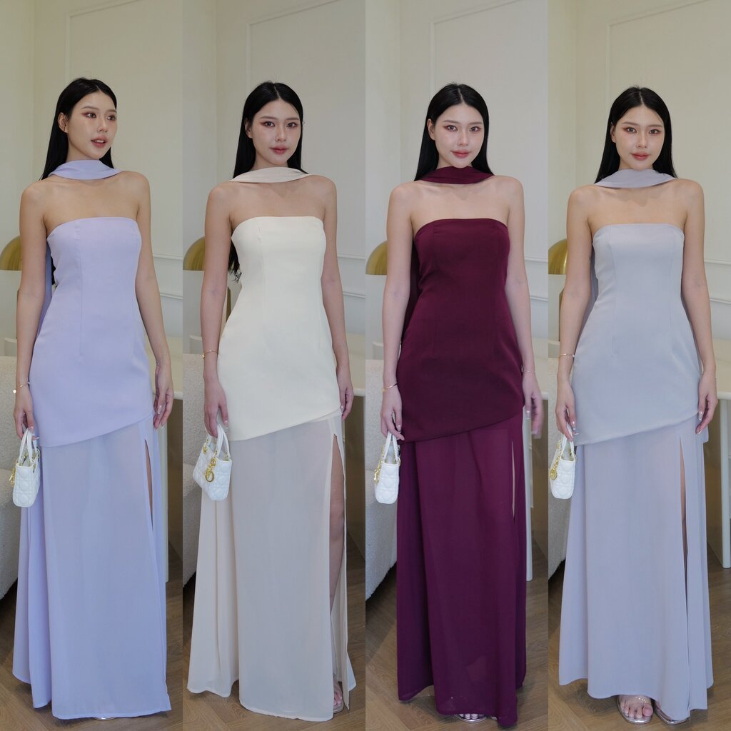 #9789 ชุดเชต 3ชิ้น มินิเดรสเกาะอก มีซับ + กระโปรงมีซับผ้าชีทรู ผ่าหน้า ชิปหลัง +โชคเกอร์ intuon