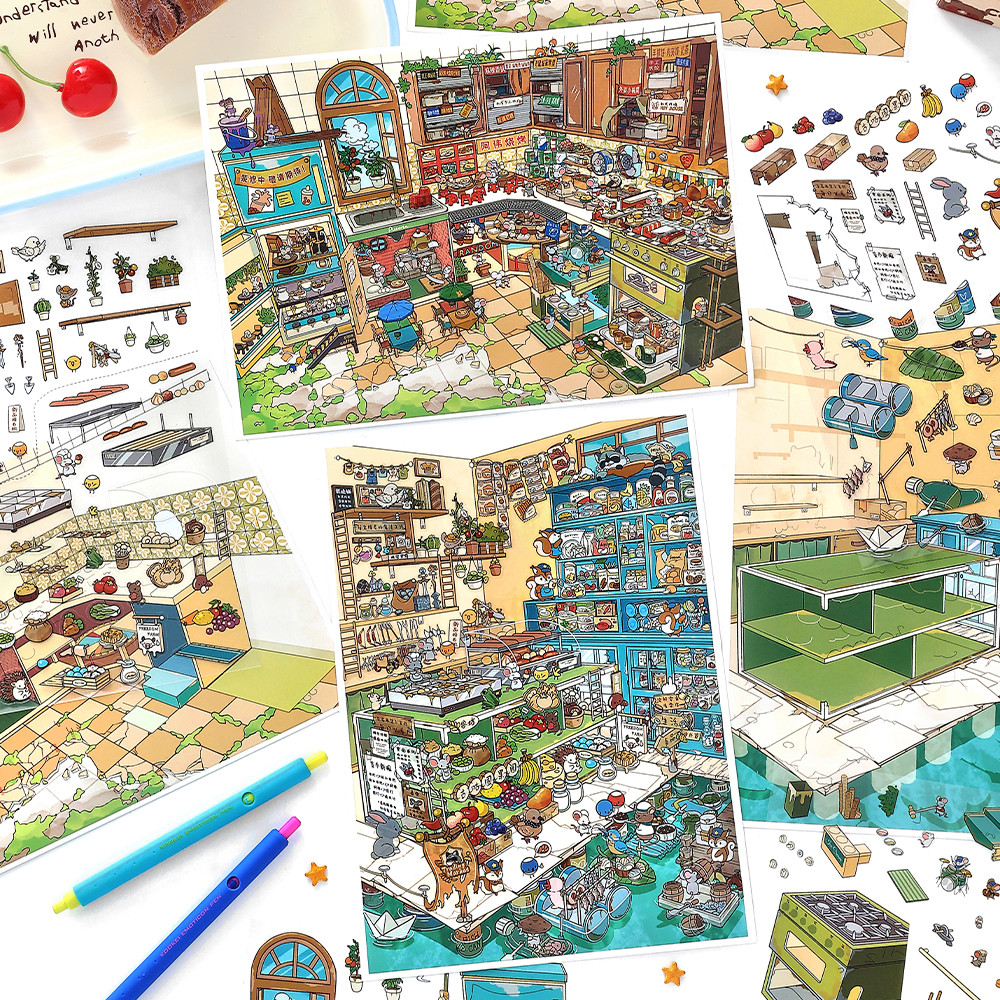 WEI 4 ชิ้น [Food Street Series] สติ๊กเกอร์ภูมิทัศน์ 3D กันน้ําขนาดใหญ่พิเศษ Raccoon Boss Trading Mar