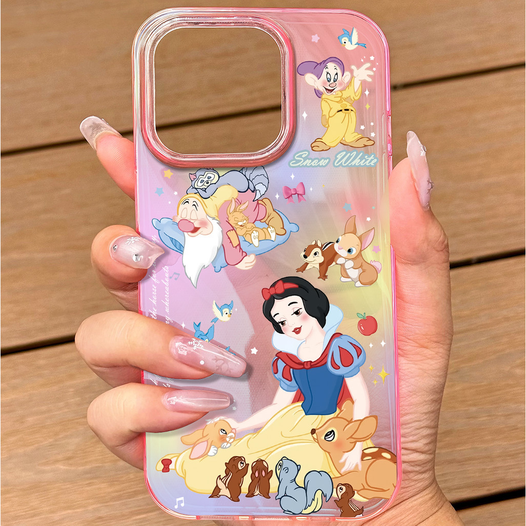 เคสโทรศัพท์สีฟ้าและชมพูใส ลายสโนว์ไวท์ ใช้ได้กับ iPhone 13 Pro/11/12 Pro Max/14/15/16 เคสใสคุณภาพสูง พร้อมปกป้องเลนส์
