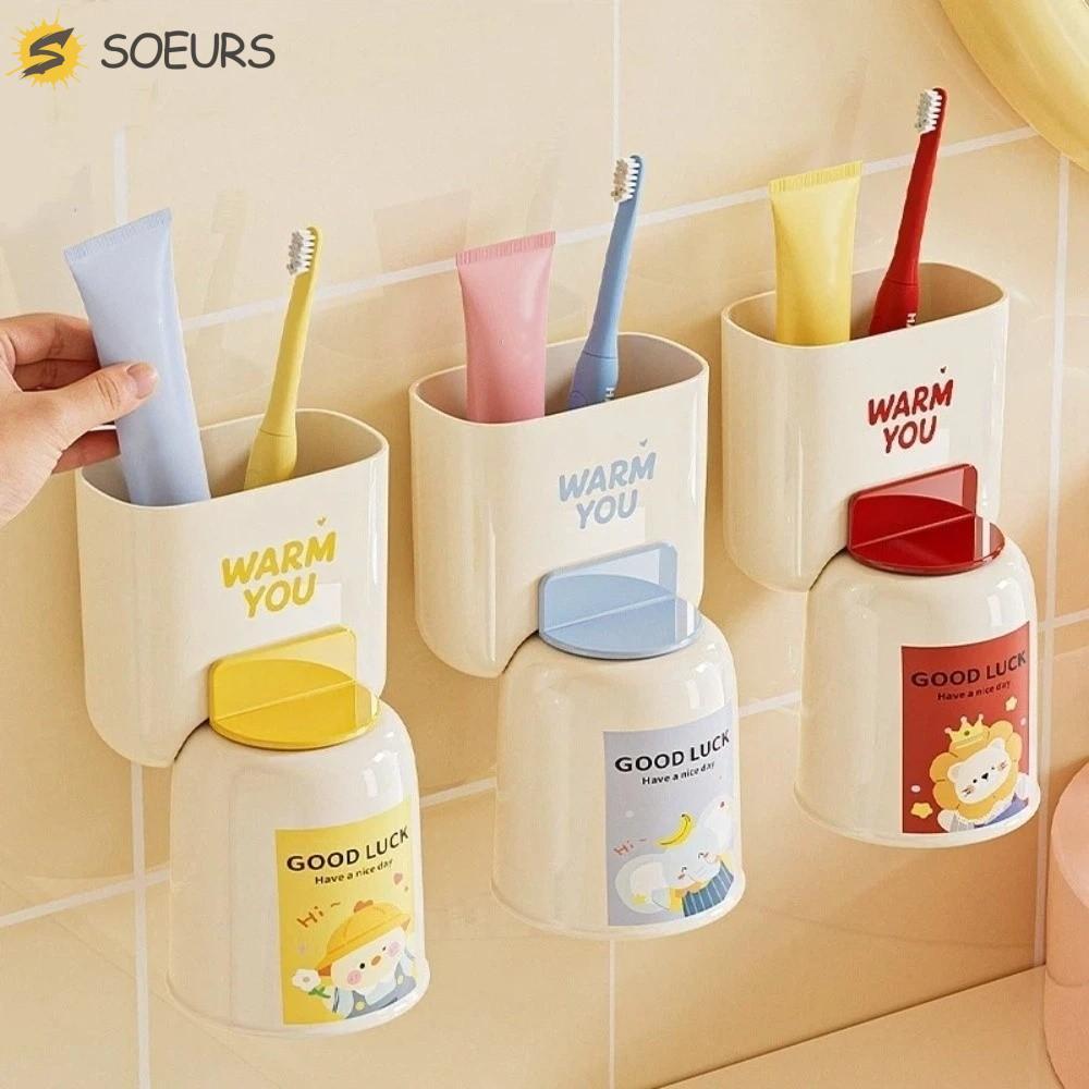 SOEURS ที่ใส่ยาสีฟัน, ที่ใส่แปรงสีฟันติดผนังประหยัดพื้นที่น่ารัก, ชุดเก็บห้องน้ํากันน้ําแม่เหล็กเจาะฟรีอเนกประสงค์ในครัวเรือน