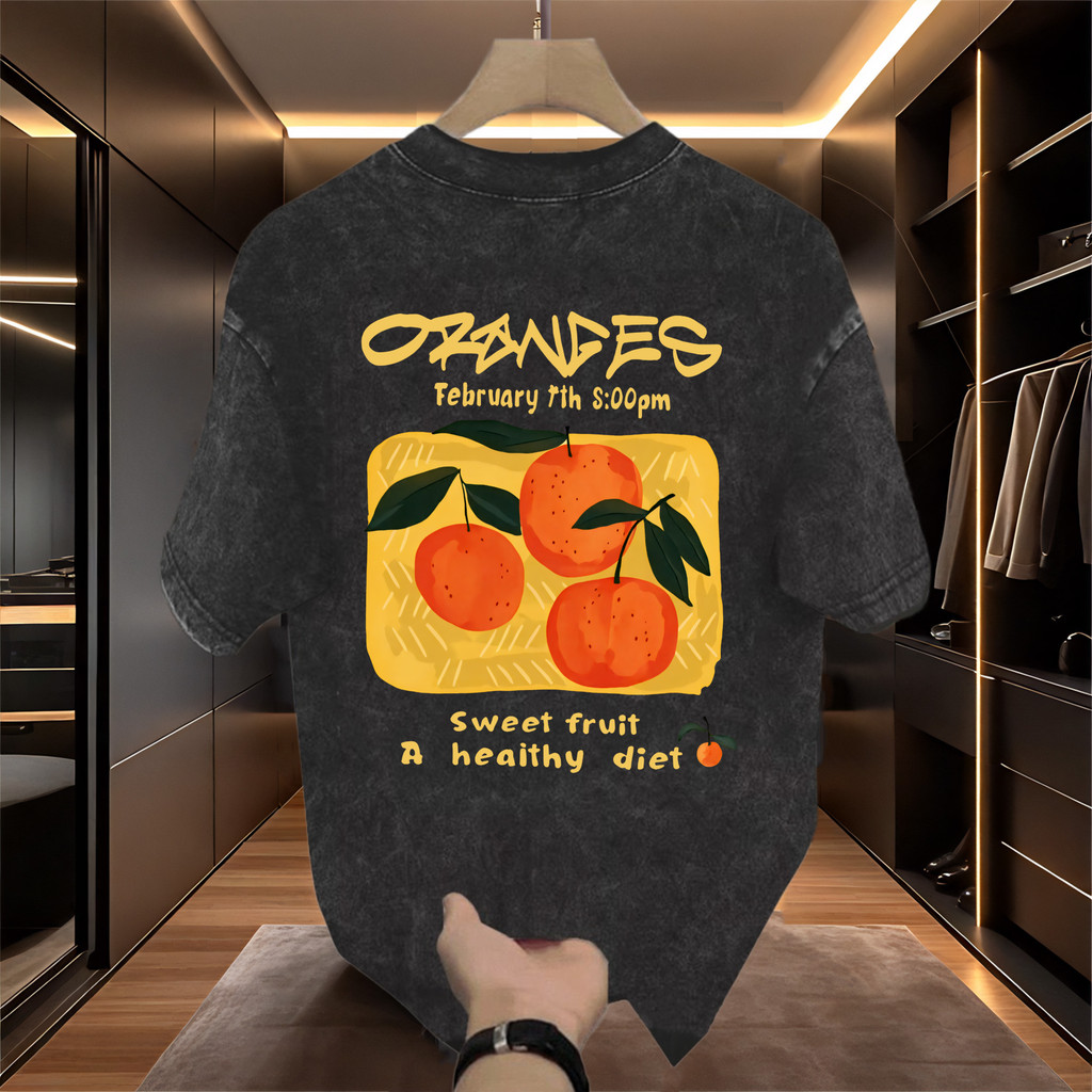 Sea.Tee [COD] เสื้อยืด เสื้อยืดฟอก oversize cotton100%  คอกลม แขนสั้น พิมพ์ลาย 'Orange' สไตล์ลำลอง ใส่สบาย - รูปที่ 3
