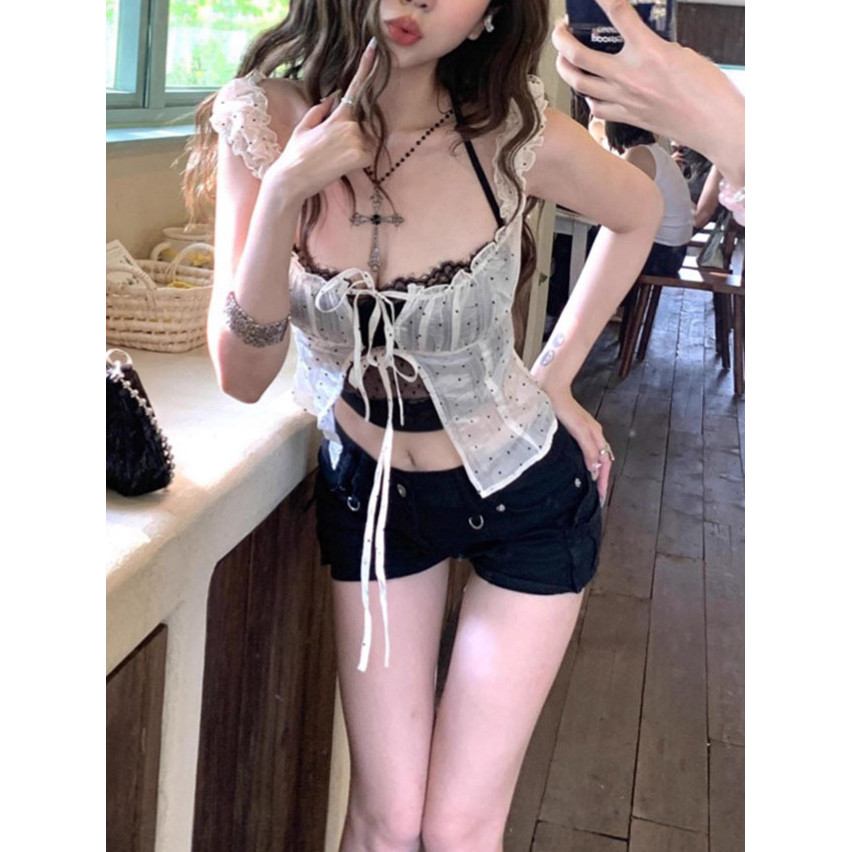 Verve ตู้เสื้อผ้าเสื้อลูกไม้สีดําสําหรับผู้หญิงแฟชั่นฤดูร้อนพร้อมเสื้อสเวตเตอร์ถักลายจุดชุดสองชิ้น