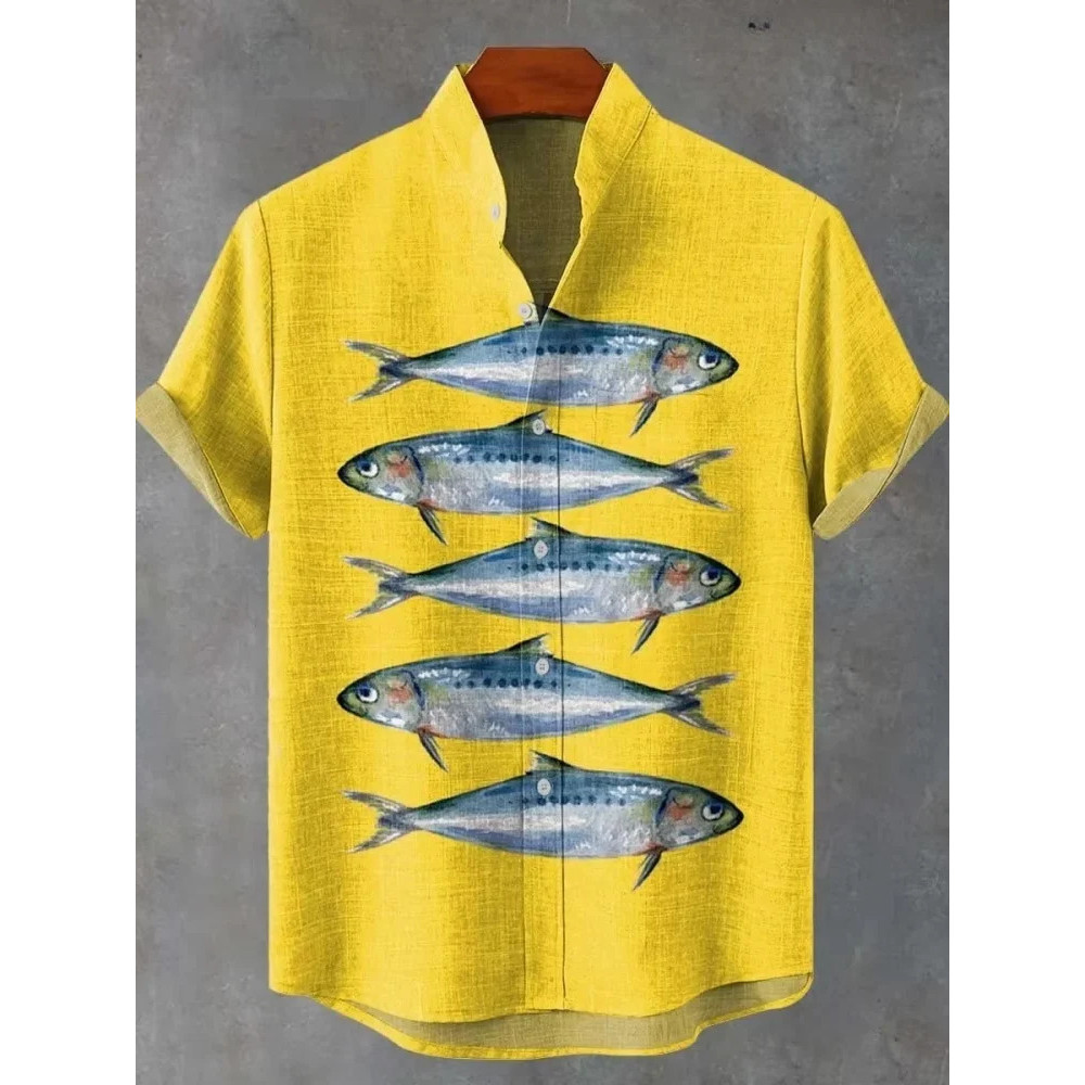 เสื้อแขนสั้นปุ่มขึ้นลายภาพศิลปะปลา สำหรับผู้ชายฤดูร้อน เหมาะสำหรับคนที่ชอบตกปลา | VDSP