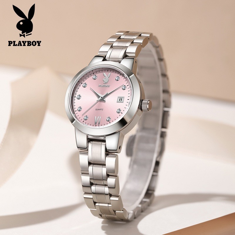 PLAYBOY 3105 แฟชั่น Casual ปฏิทินนาฬิกาควอตซ์สายเหล็ก All-Match นาฬิกาสุภาพสตรี (ฟรีกล่องนาฬิกาประณีต)