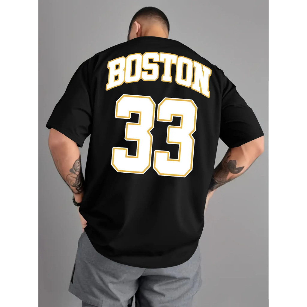ทีเชิ้ตบอสตันสำหรับผู้ชาย - สีขาวพร้อมตัวอักษร BOSTON สีดำและหมายเลข 33 พิมพ์ ระบายอากาศได้ดี