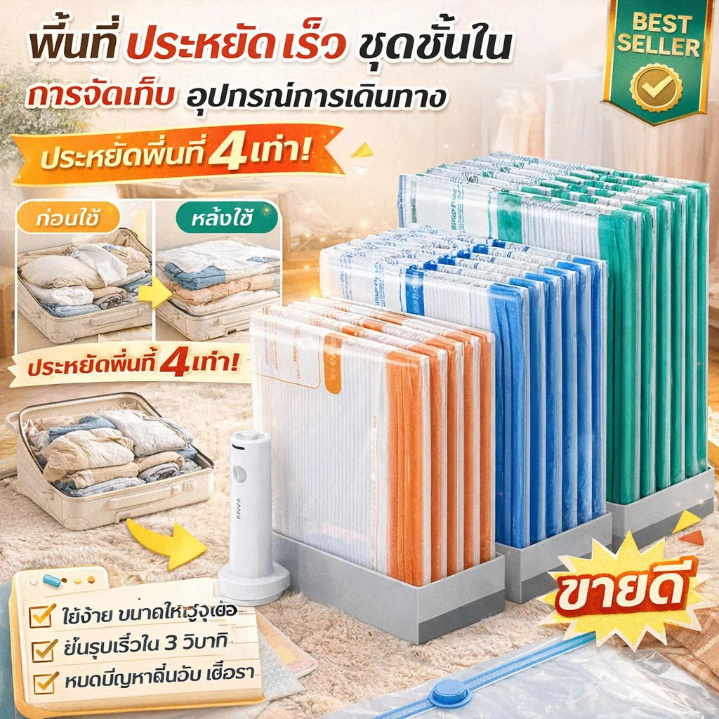 【3 วินาที】HFH ถุงอัดสุญญากาศ จัดเก็บเสื้อผ้า ประหยัดพื้นที่/เก็บผ้าหน้าหนาว/ถุงสูญญากาศแบบพกพา/ใช้งานง่าย/สำหรับบ้าน