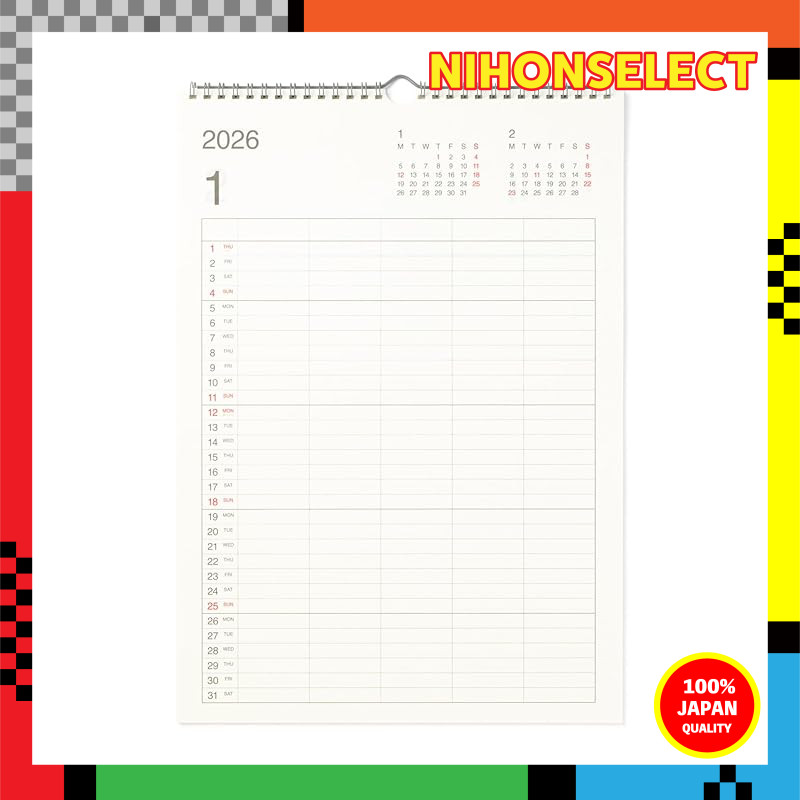 MUJI 2026 Bagasse Paper Calendar - Sunday Start, A3 Size, January to December, Approximately 420×297
