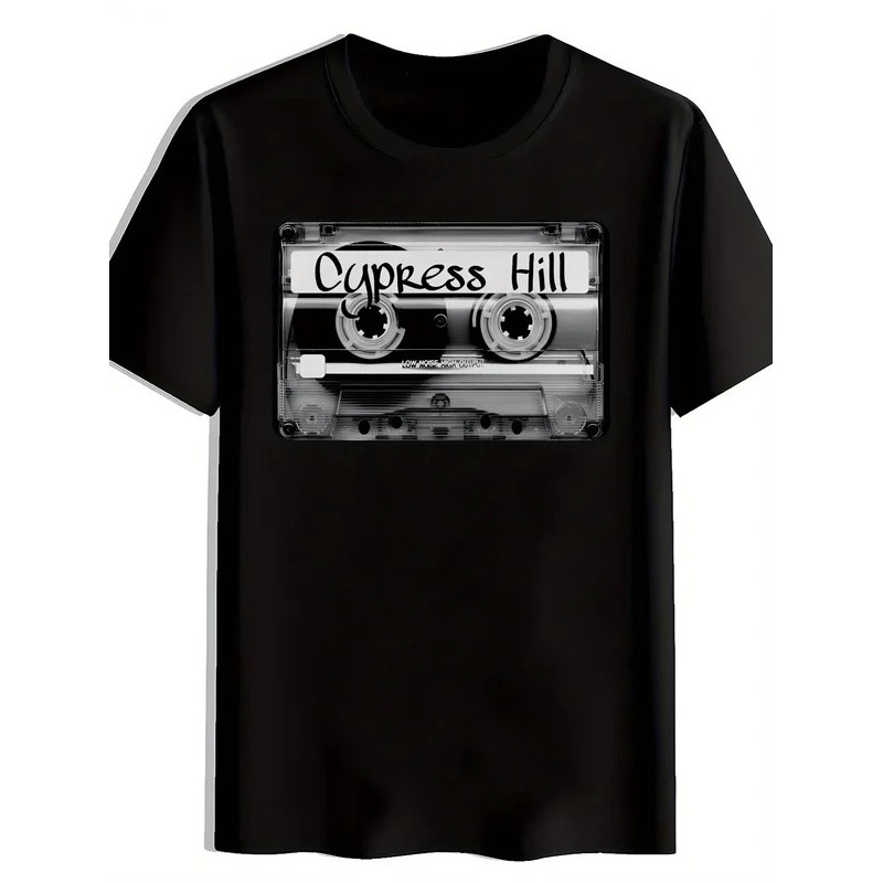 Men Vintage Rock Band Graphic T-Shirt "Cypress Hill" Print Black Polyester Crew Neck Short Sleeve Te