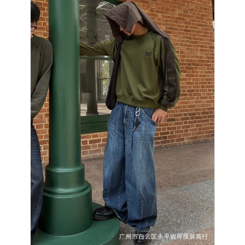 76ZB NEEDLES HD PANT JEAN DENIM ญี่ปุ่นกางเกงขากว้างหลวมล้างกางเกงยีนส์ผู้ชาย 24aw