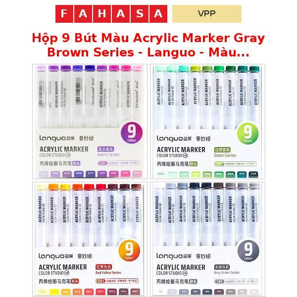 กล่อง 9 ชิ้น Acrylic Marker Grey Brown Series - Languo - สีน้ําตาลเทา, เขียว, ม่วง, เหลืองแดง