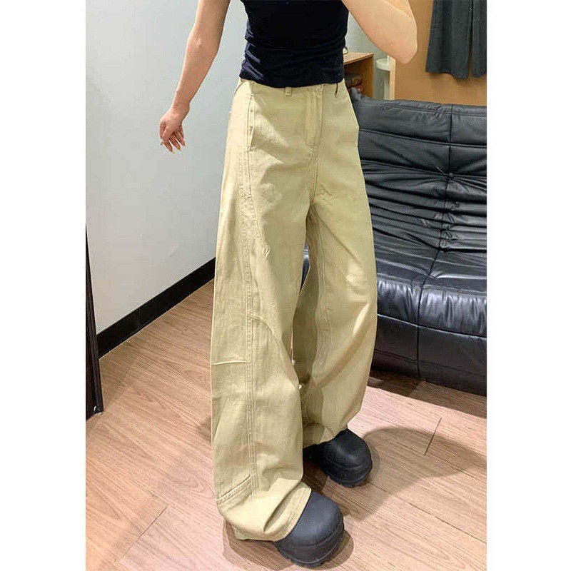美式复古卡其色工装牛仔阔腿裤女秋冬垂坠感高腰褶皱显瘦弯长裤American Style Vintage Khaki Cuswork Denim Wide Leg Pants for Women ben