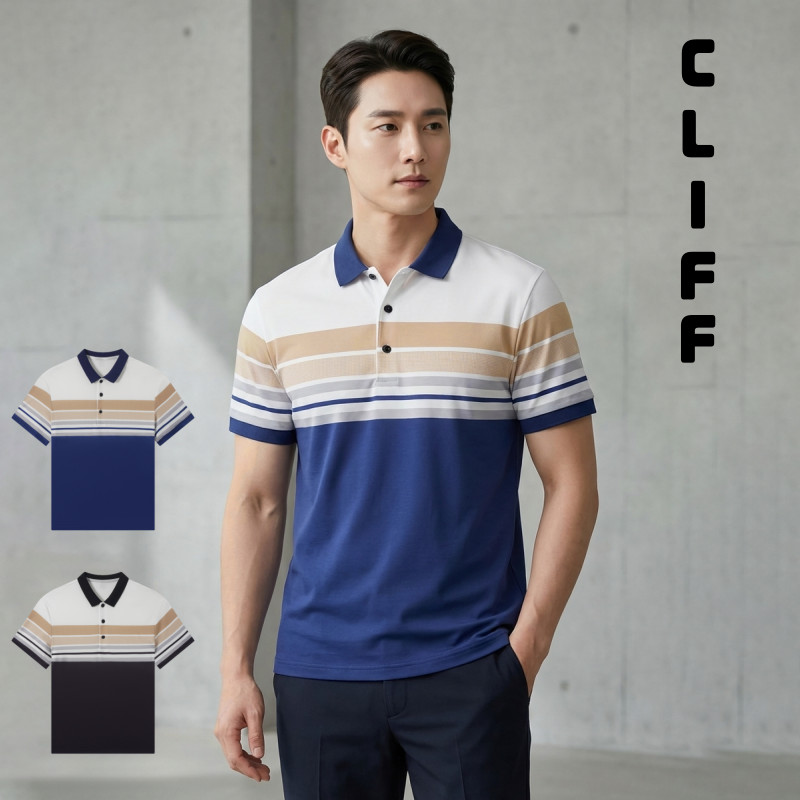 CLIFF เสื้อแขนสั้นลายทางฤดูร้อน  เสื้อโปโลสีเย็บต่อ แฟชั่นผู้ชาย  สไตล์ธุรกิจ  พักผ่อน