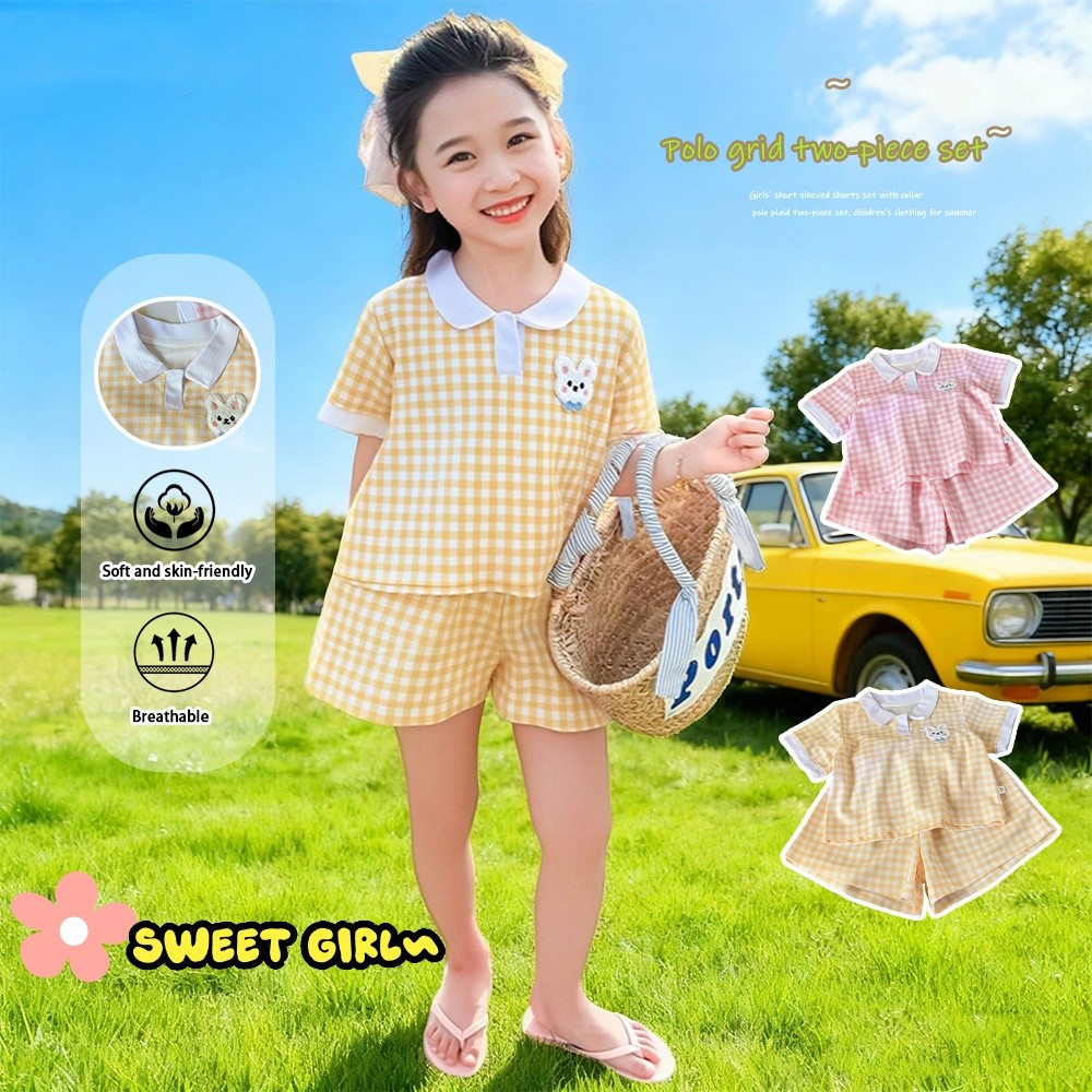 เสื้อโปโลลายตารางหมากรุกสำหรับเด็กผู้หญิง 2 ชิ้น ชุดลำลองฤดูร้อน เสื้อมีปก