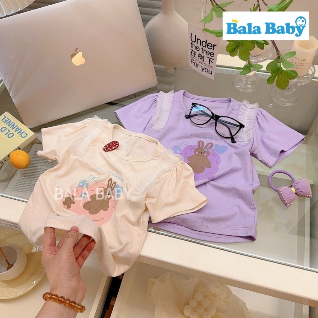 ใหม่ เสื้อยืดเด็ก เสื้อเด็กโทนพาสเทล ลายกระต่ายน่ารักๆ แต่งระบายแขน Size90-120cm DXT13