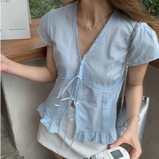 Paula พร้อมส่ง🌴เสื้อเชิ้ต แขนสั้น สีพื้น🌴น่ารัก อินเทรนด์ เชือกผูกหน้า สไตล์ลำลอง เสื้อครอป รัดรูป ผู้หญิง แฟชั่น