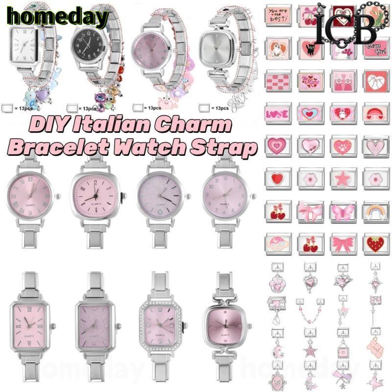 Silver Header หน้าปัดสีชมพู DIY สายโมดูลดิจิตอล Splicing นาฬิกา Vintage Wild Modular นาฬิกาอิตาเลี่ยน Charm สร้อยข้อมือสร้อยข้อมือสแตนเลสแฟชั่นอุปกรณ์เสริม