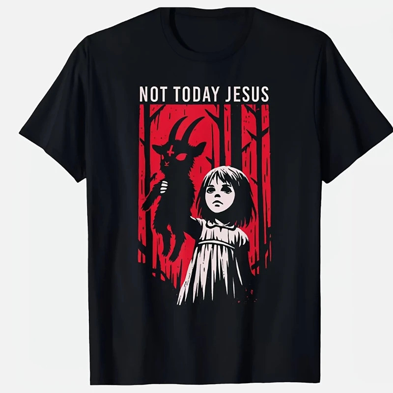 เสื้อยืดผู้ชายสไตล์กอธิค Not Today สีดำ ลายแพะปีศาจซาตาน 666 พร้อมลายดาวห้าแฉก สัญลักษณ์ลึกลับ ผ้าฝ้