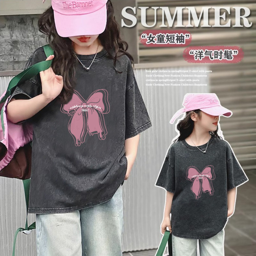 เสื้อยืดเด็กผู้หญิงสำหรับฤดูร้อนรุ่นใหม่ ดีไซน์ลายการ์ตูนแบบซักแล้ว ทำจากผ้าฝ้ายแท้ แขนสั้น ทันสมัยและอินเทรนด์