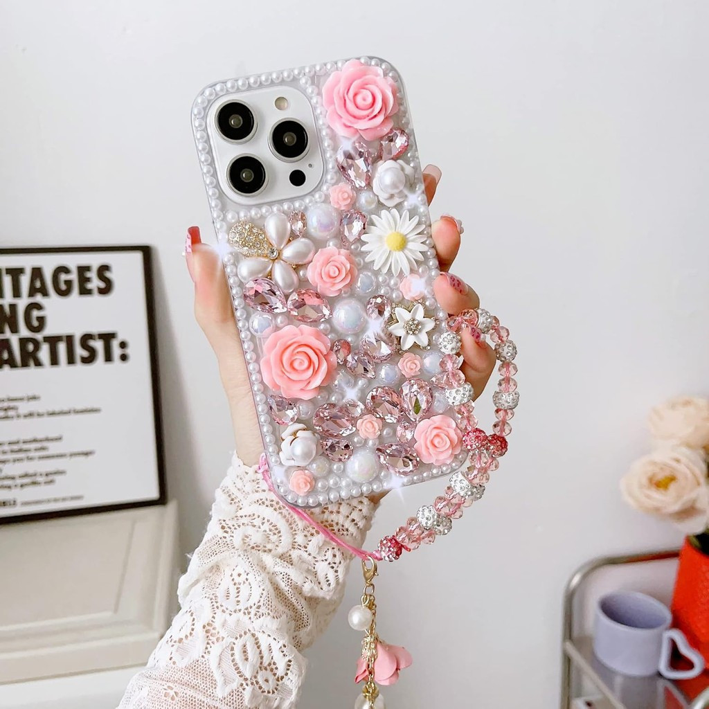 สําหรับ iPhone 16 PRO MAX Bling กรณี,คริสตัลหรูหรา Rhinestone ดอกไม้ Glitter เพชรเพิร์ลผู้หญิงสาวเด็